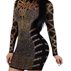 Rhinestone Long Sleeve Night Club Dress